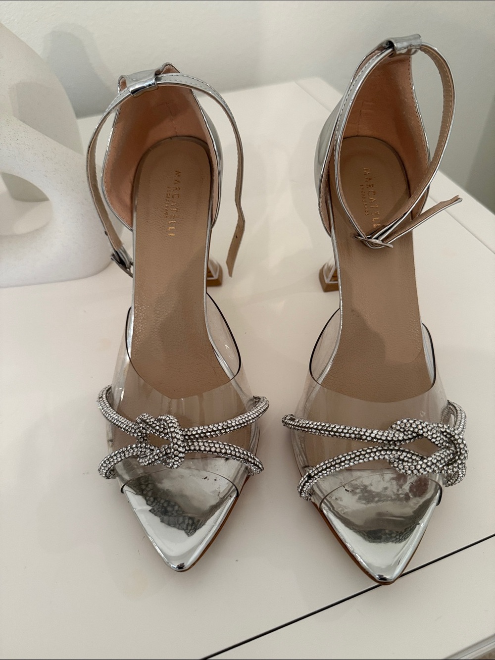 Macatelli Metallic Crystal-Knot Ankle-Strap heel
